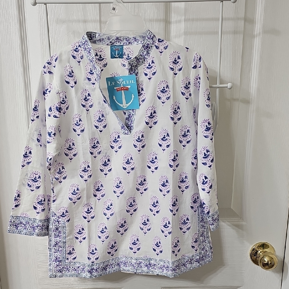 Le Soleil Miami Girls White and Blue Patterned Top Size 6